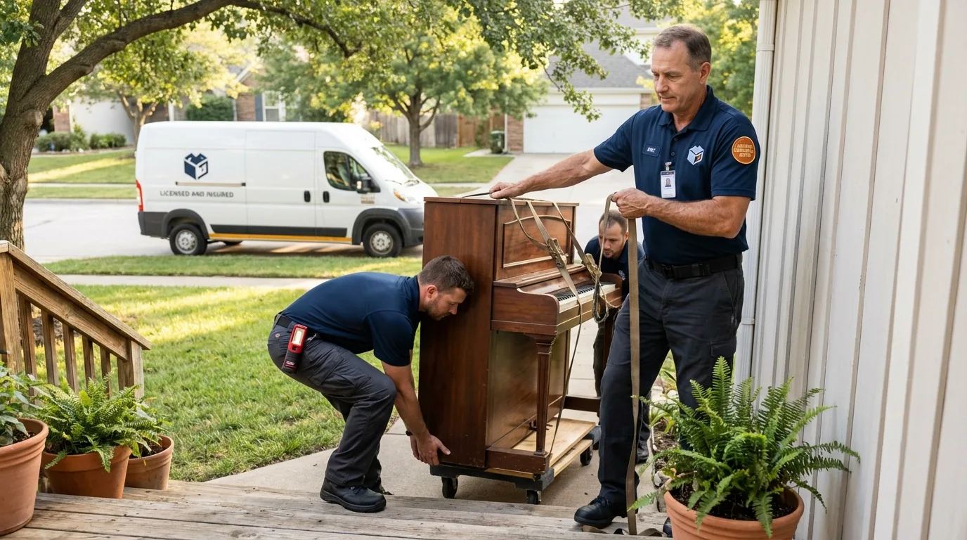 Licensed piano movers securing grand piano in East Orange, NJ