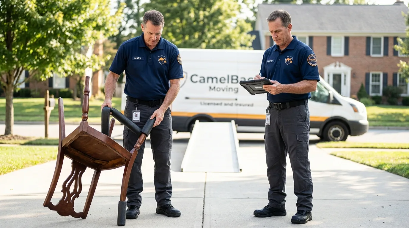 Movers inspecting furniture for damage prevention before loading in East Orange, NJ