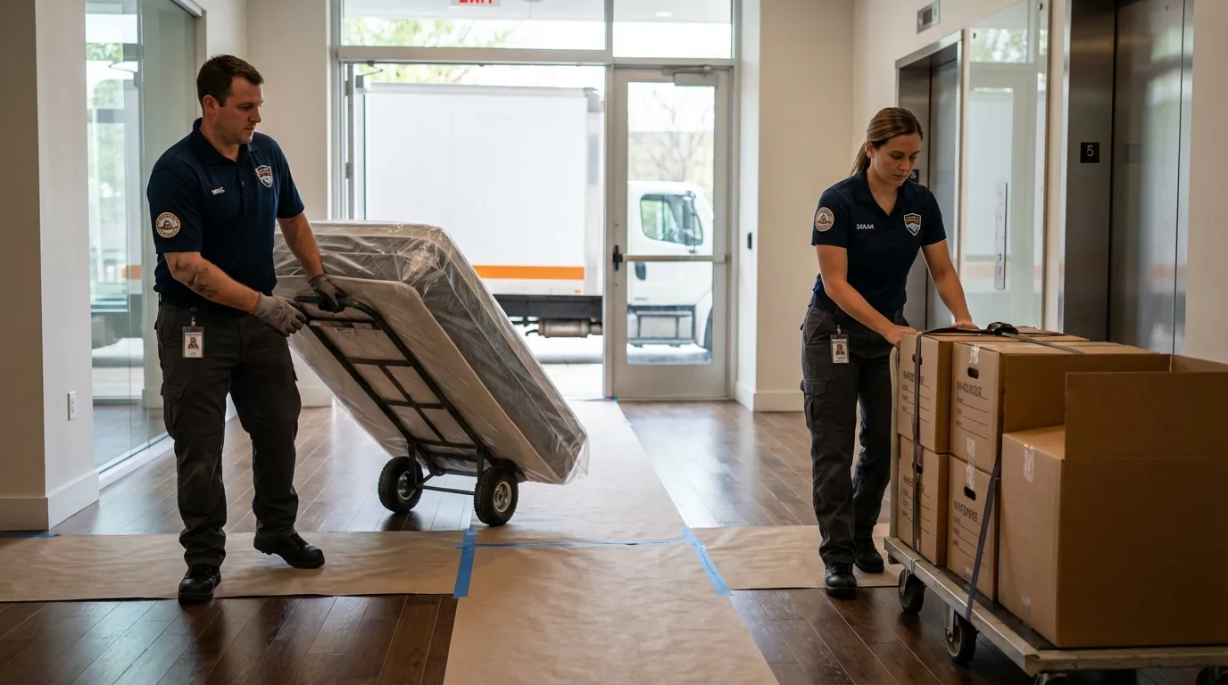 Professional apartment movers loading elevator in East Orange, NJ