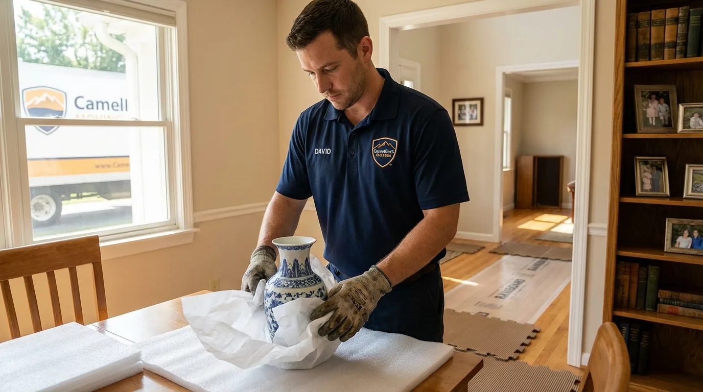 Professional crew carefully wrapping antique vase for senior downsizing move in East Orange, NJ